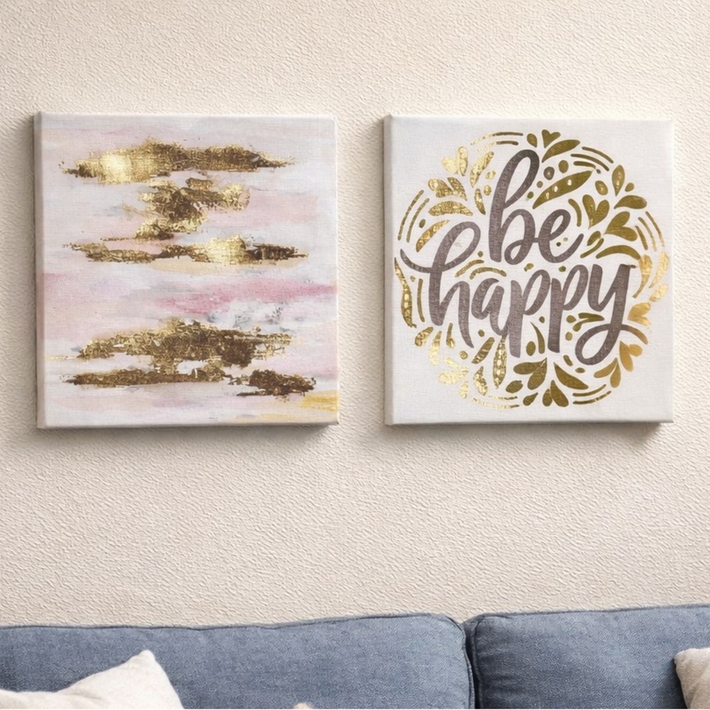 Be Happy Gold Abstract Canvas Art Set (2) | 8x8 Neutral Gold Wall Decor NWT